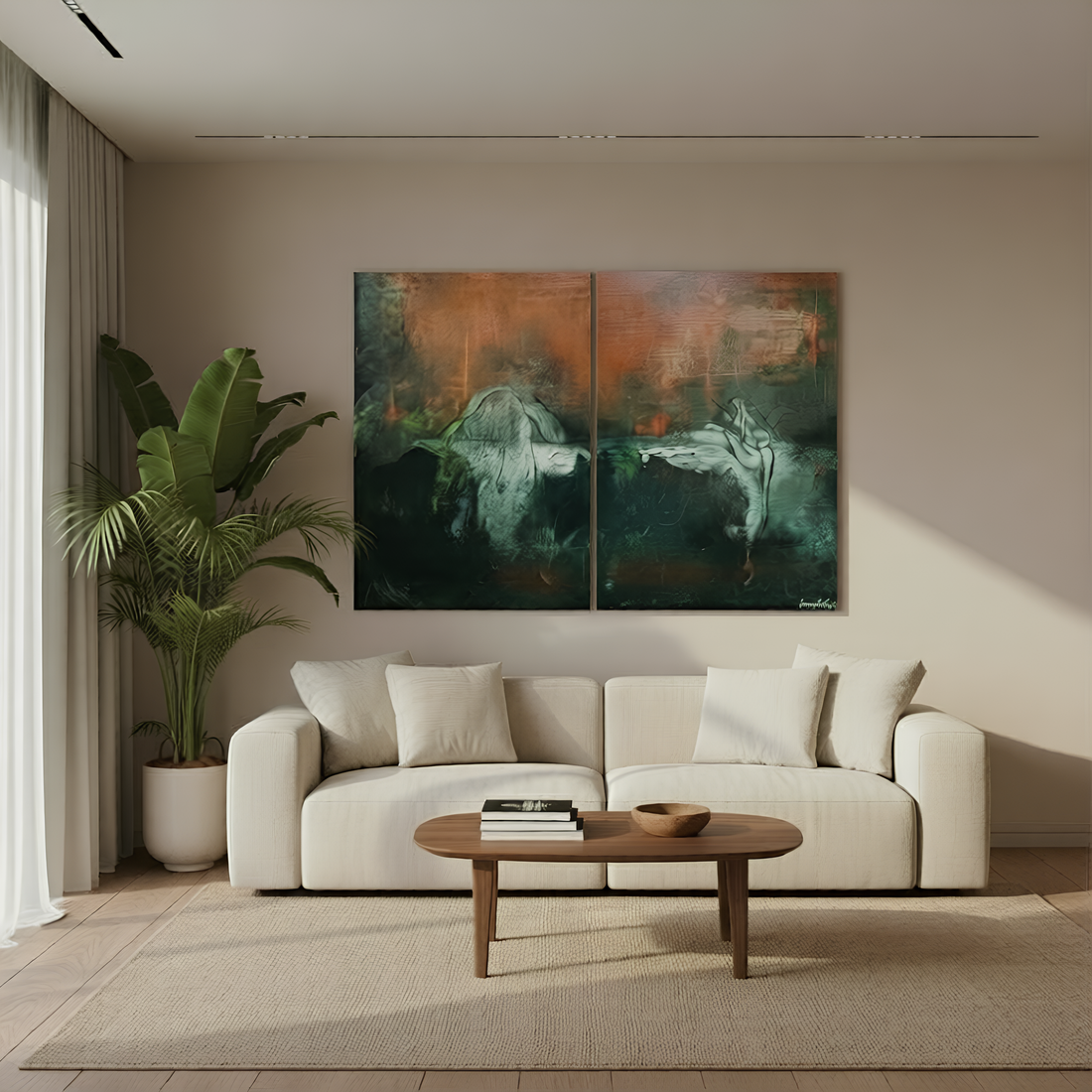 Emotional abstract wall art enhancing calm living room interior in Dubai apartment