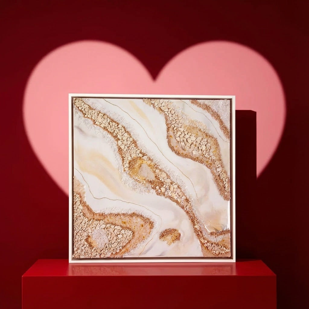 uxury bespoke wall art in a bright modern living room, offering emotional and aesthetic value as a Valentine’s gift for loved ones in UAE homes.