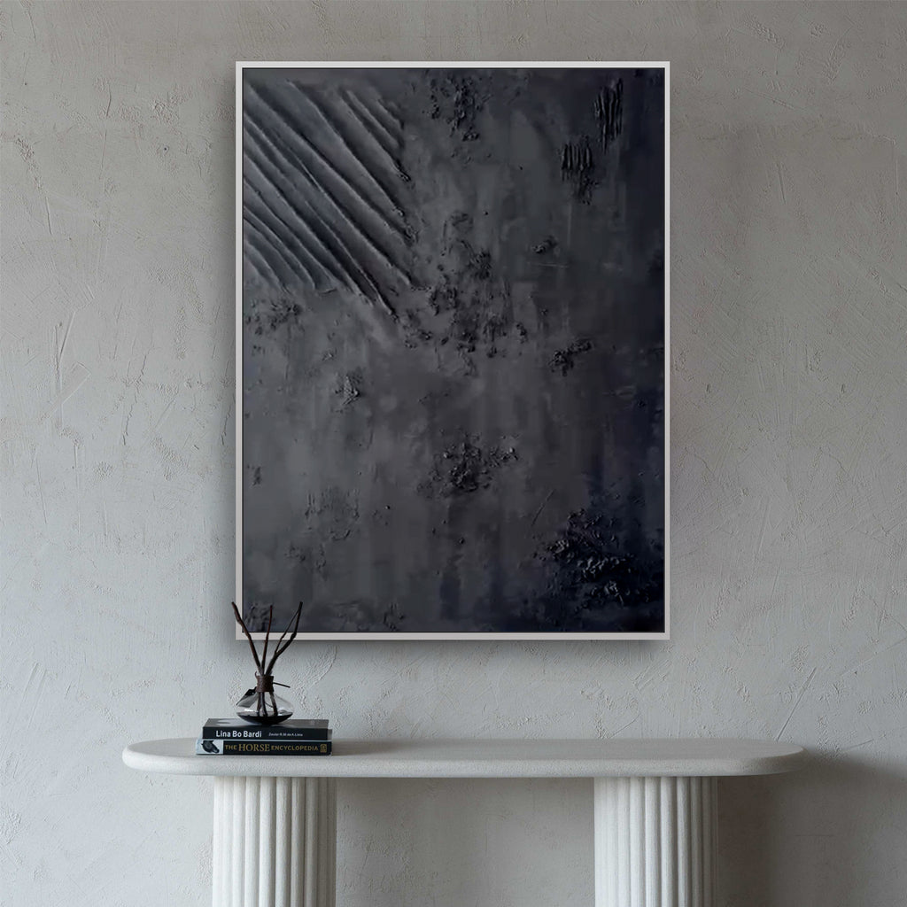 Premium handmade matte black textured abstract canvas painting 75x115 cm oil medium luxury wall art for modern Dubai home décor