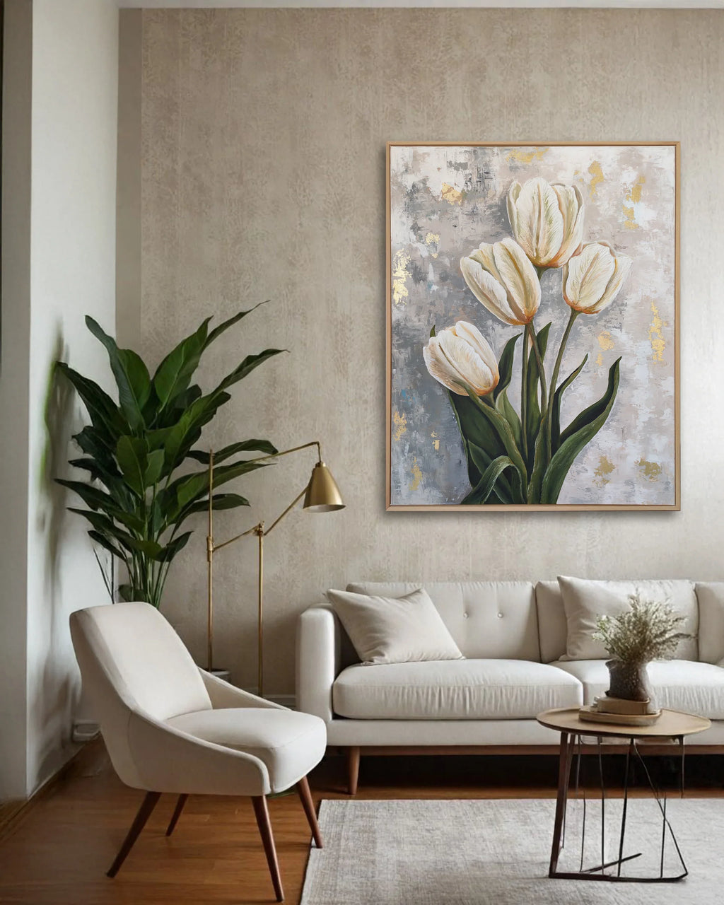 Elegant living room featuring the Artecasso Pearl Beauty tulip painting in a natural wood frame, styled on a wall beside a modern sofa.