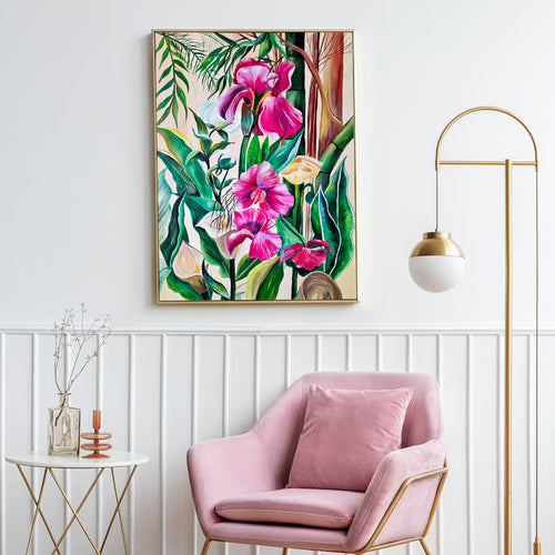 Handmade floral abstract oil painting in luminous pink and green, premium canvas wall art for modern Dubai UAE living room décor, Premium oil paint on canvas for modern UAE homes 