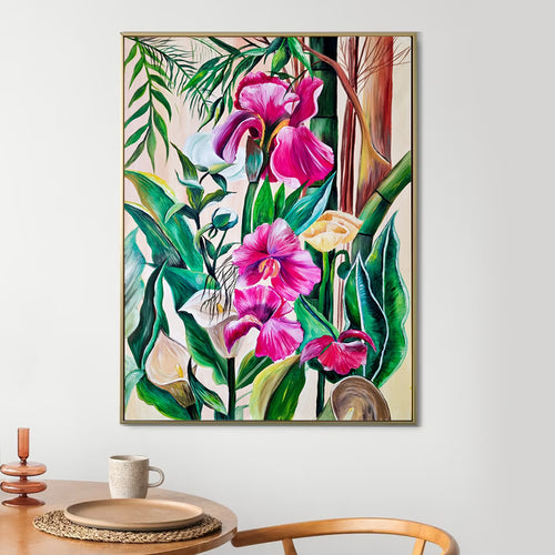 Framed floral painting on a wall above a table with decor items. Handmade oil painting texture detail floral abstract artwork on canvas, luxury wall art for UAE villa and apartment interiors
