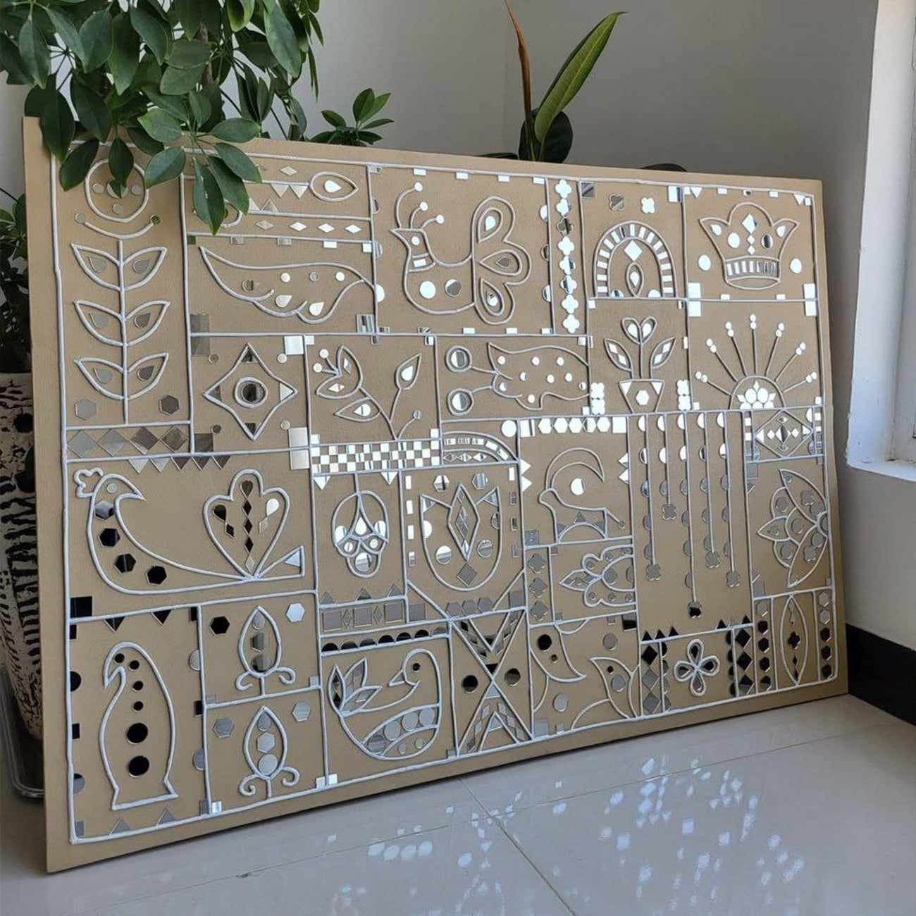 Mirrored Geometry | Hand-Sculpted Mud-Mirror Wall Decor