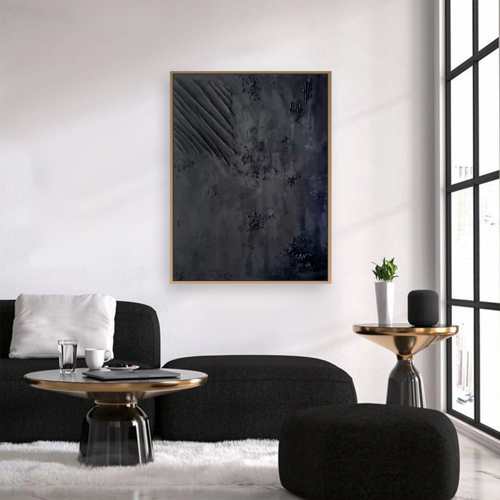 Handmade black textured abstract wall art 75x115 cm oil on canvas premium minimalist décor for luxury United Arab Emirates interiors