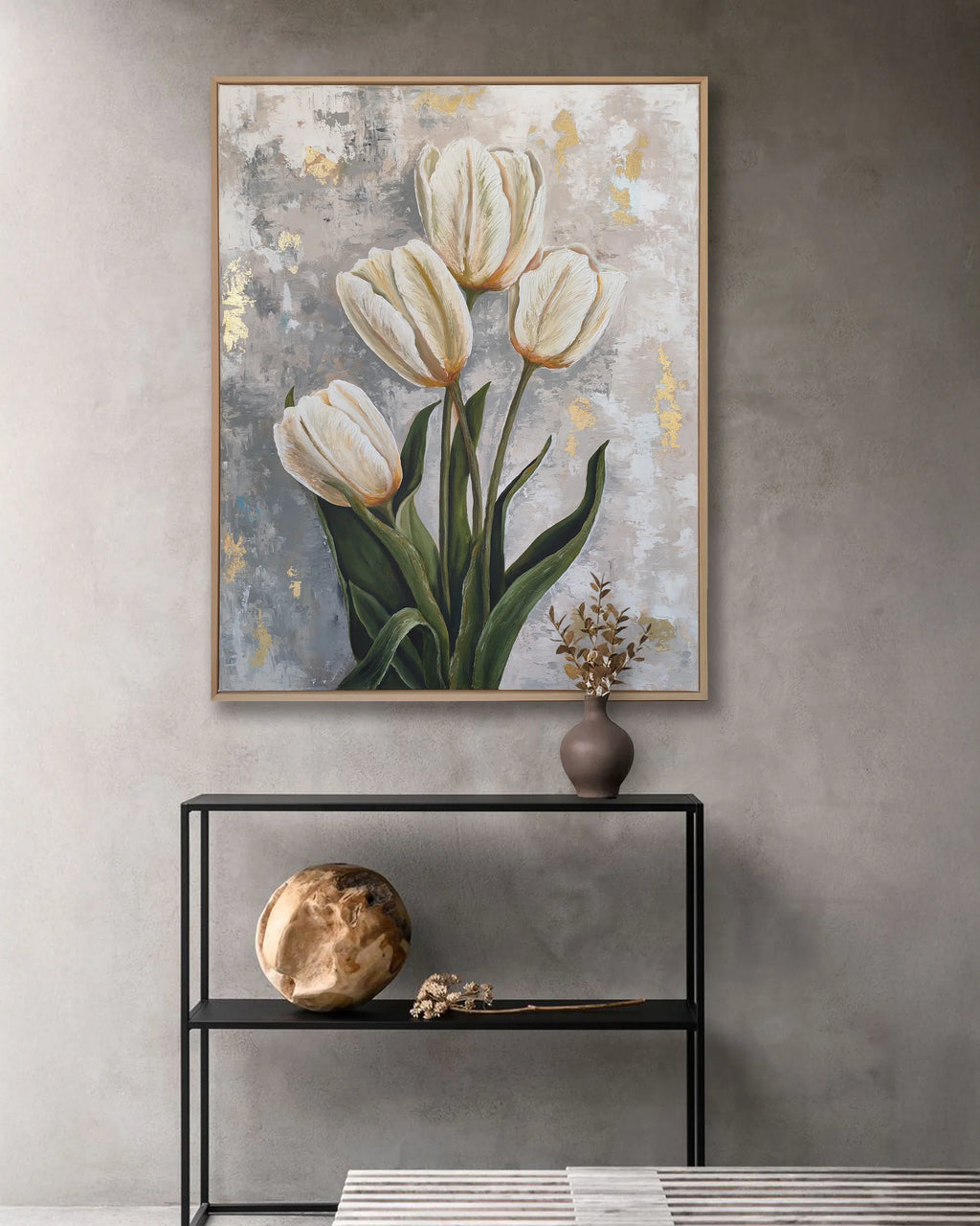 Artecasso Pearl Beauty handmade tulip painting by Zainab Ghatwary featuring ivory blooms, olive green leaves, and gold leaf accents on a textured grey background.