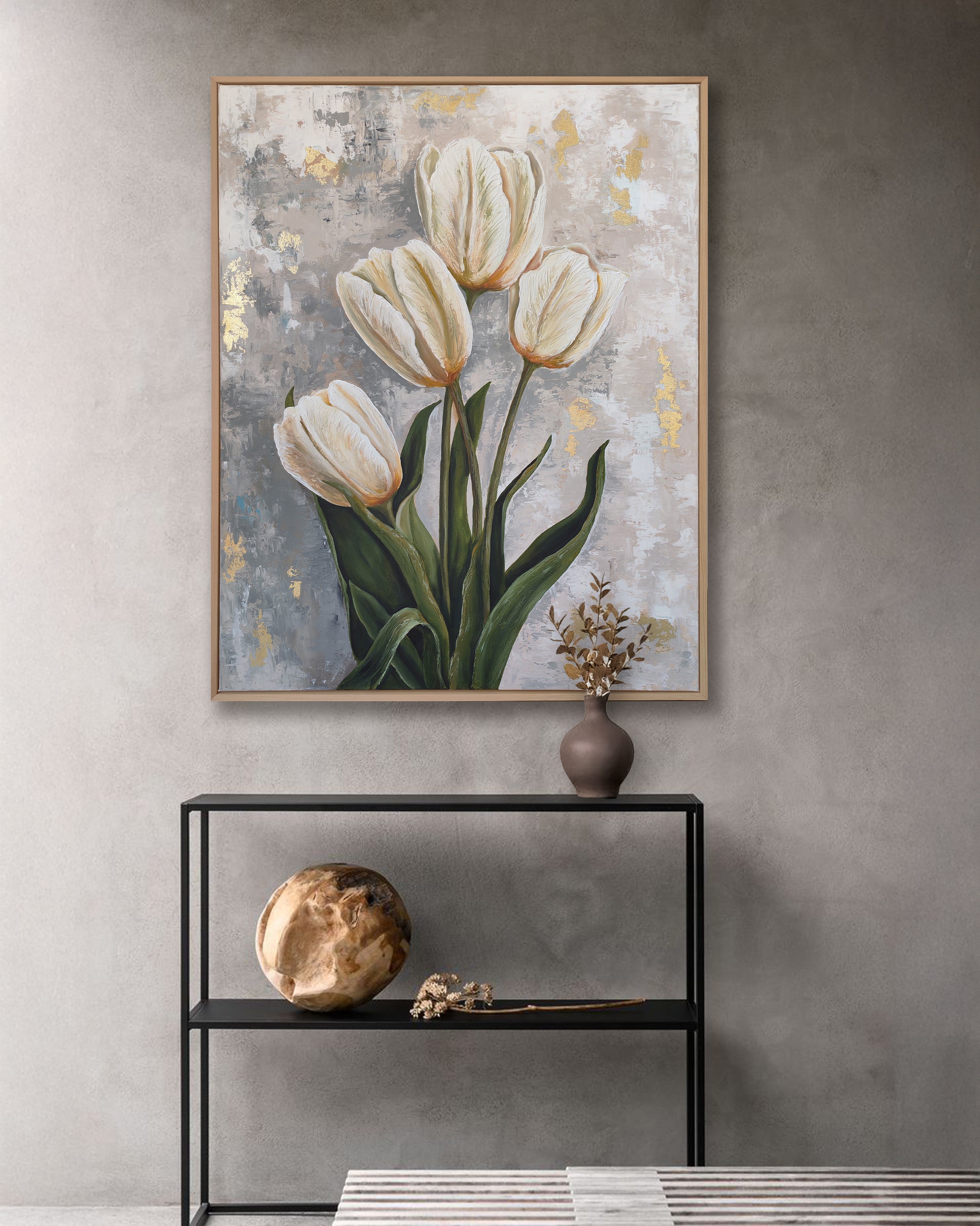 Artecasso Pearl Beauty handmade tulip painting by Zainab Ghatwary featuring ivory blooms, olive green leaves, and gold leaf accents on a textured grey background.