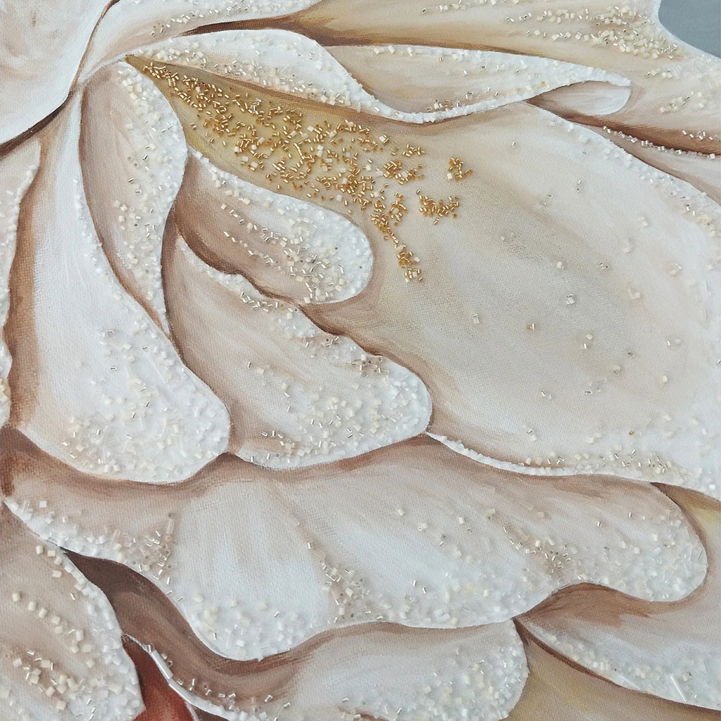 Close-up detail of Artecasso Pearl Beauty painting showing the rich texture of antique gold and black paint strokes.