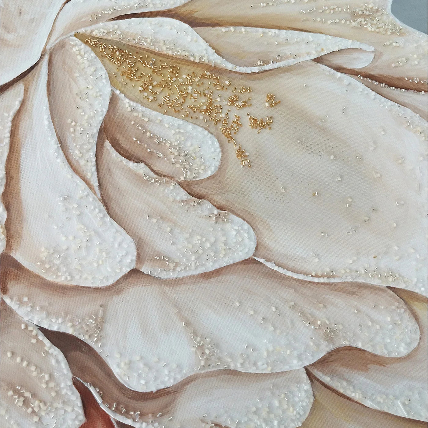 Close-up detail of Artecasso Pearl Beauty painting showing the rich texture of antique gold and black paint strokes.