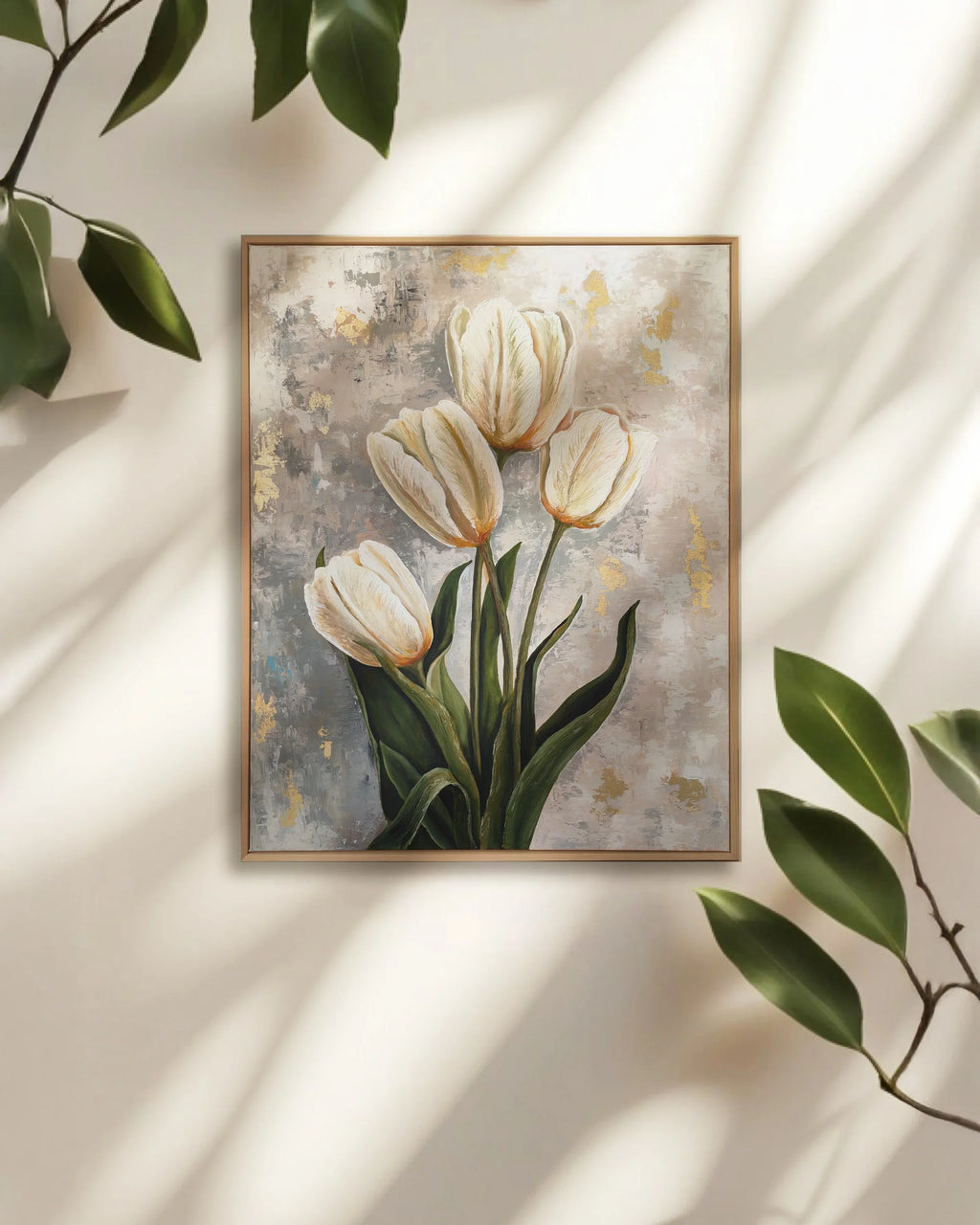 Artecasso Pearl Beauty handmade tulip painting in a natural wood frame hanging on a living room wall for luxury home decor.