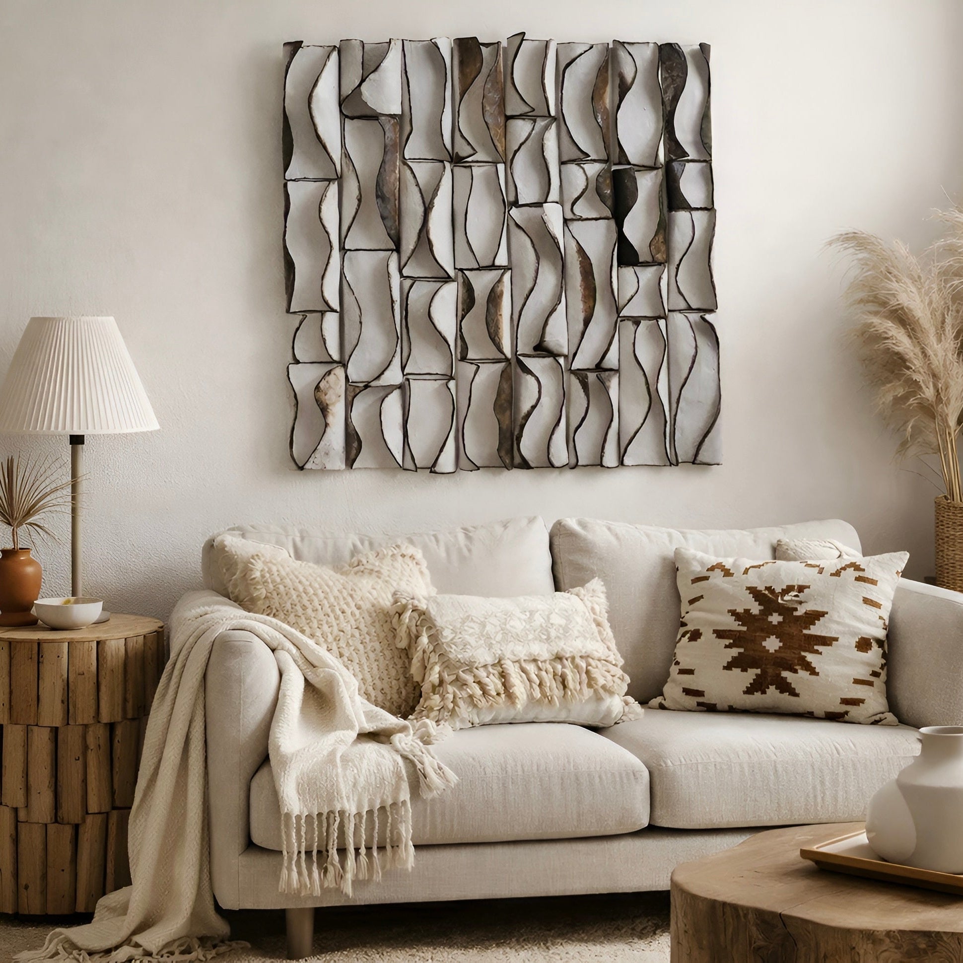 3D ceramic wall art sculpture with hand-formed hourglass column segments in warm cream and bronze glaze, mounted on a living room feature wall
