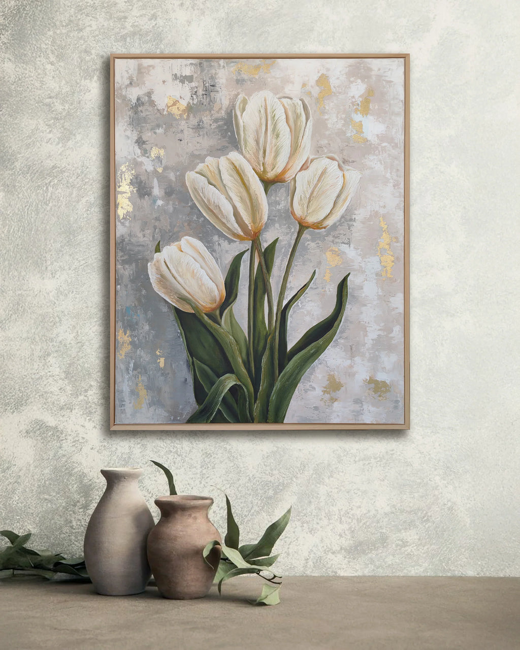 Modern bedroom featuring the Pearl Beauty handmade tulip painting in a natural wood frame hanging above a table.