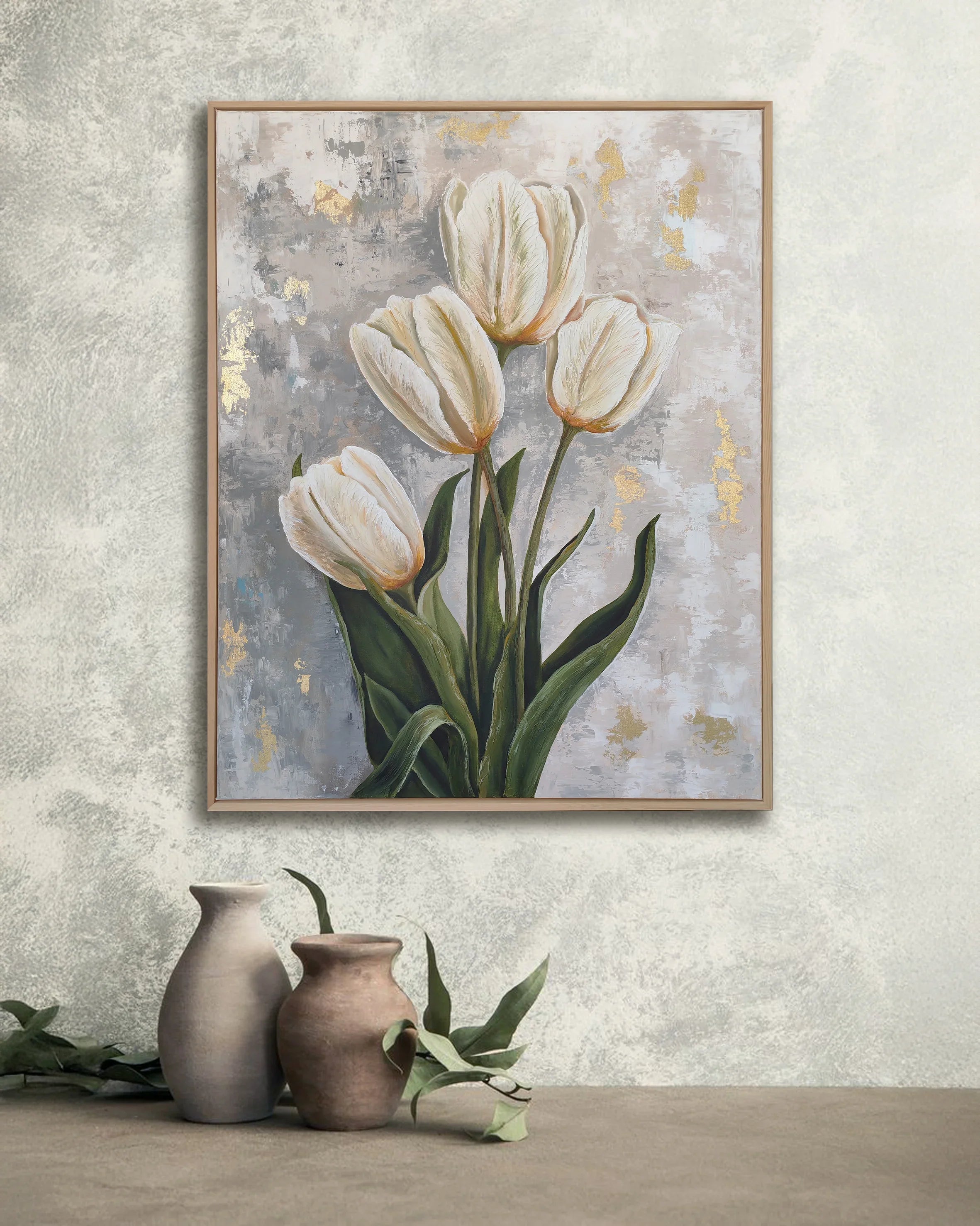 Modern bedroom featuring the Pearl Beauty handmade tulip painting in a natural wood frame hanging above a table.
