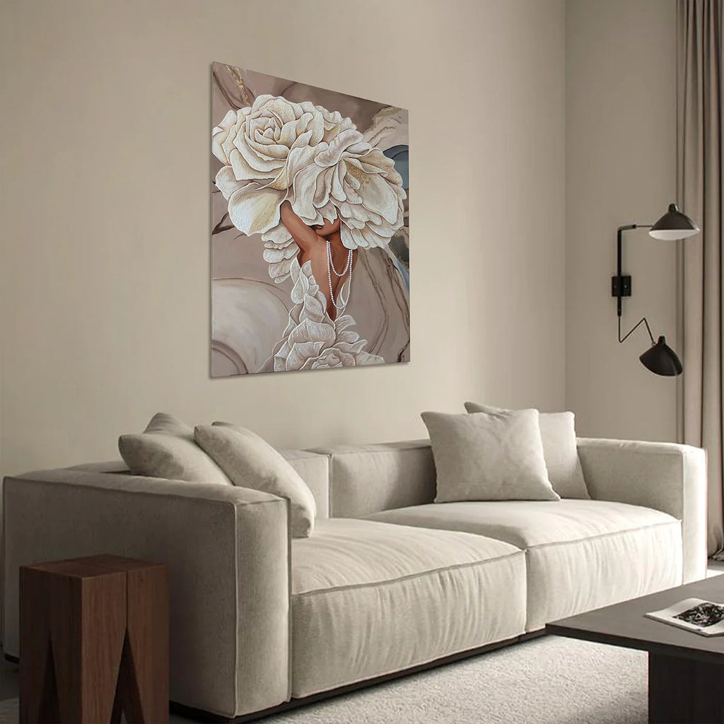 Modern living room wall featuring the Artecasso Pearl Beauty handmade painting in black and antique gold.