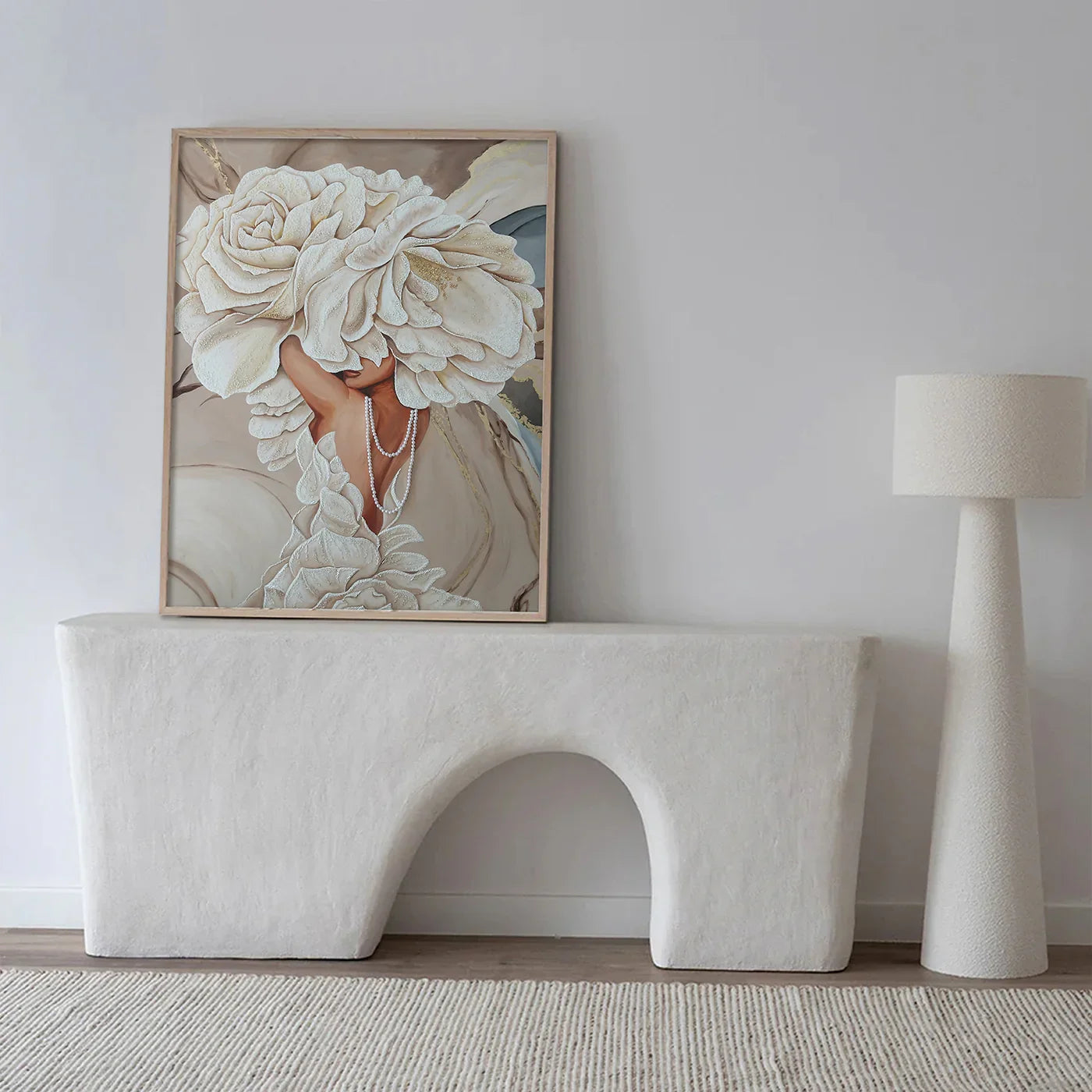 Close-up detail of Artecasso Pearl Beauty painting showing the thick texture and antique gold leaf accents.