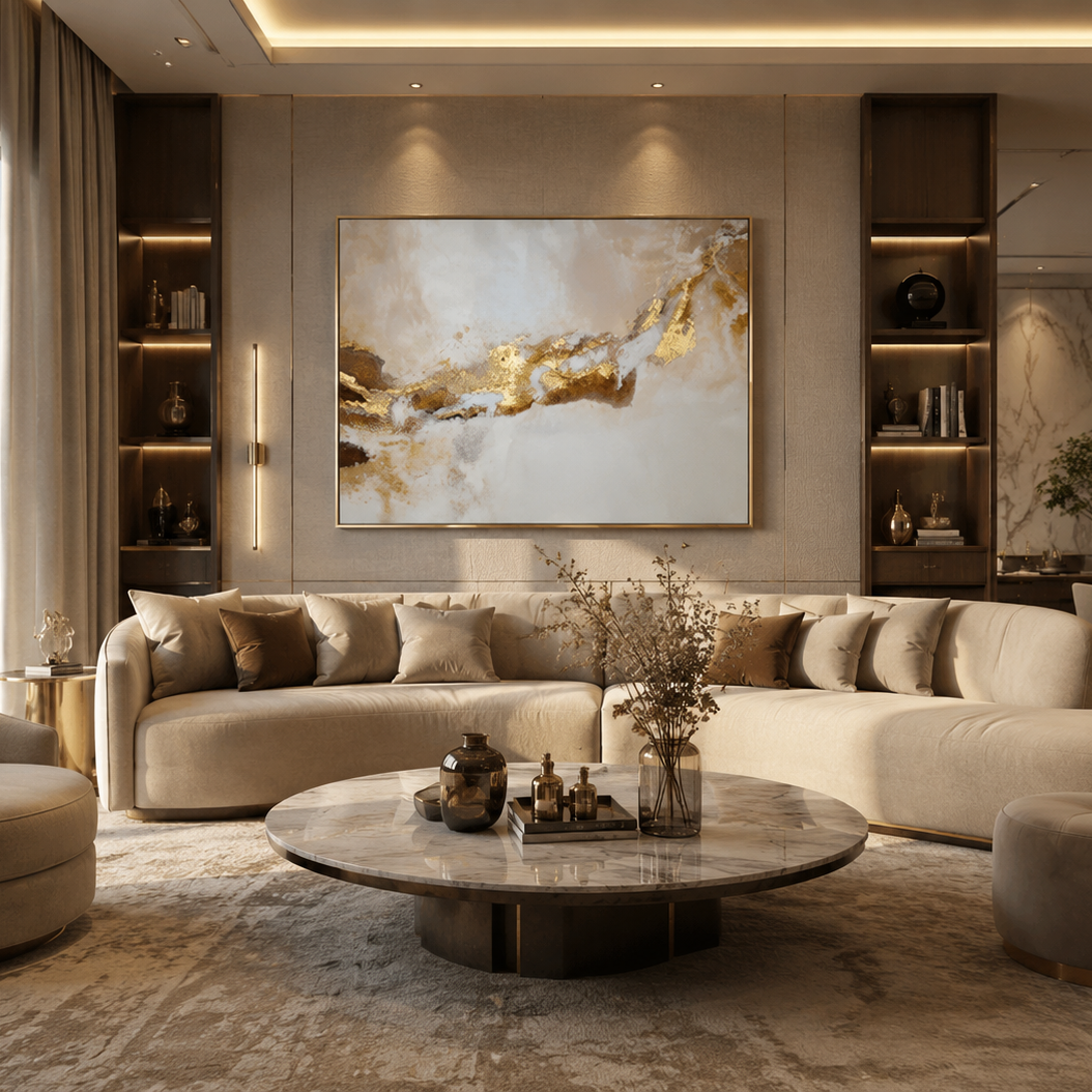 Modern living room with beige sofa, round coffee table, and abstract painting on wall.