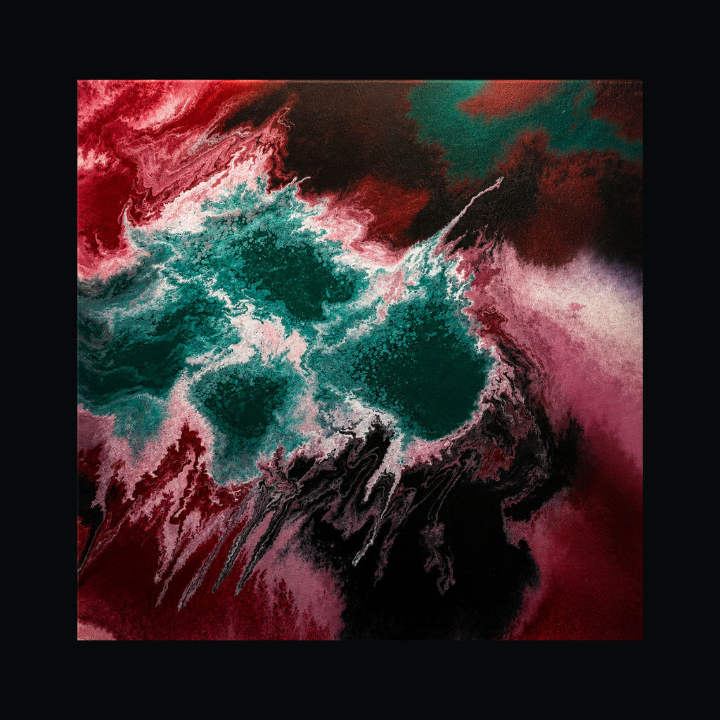 Abstract square artwork with swirling red, teal, black, and white paint-like forms, centered on a black background. Handmade original teal and magenta fluid art painting 80x80cm in UAE luxury villa living room
