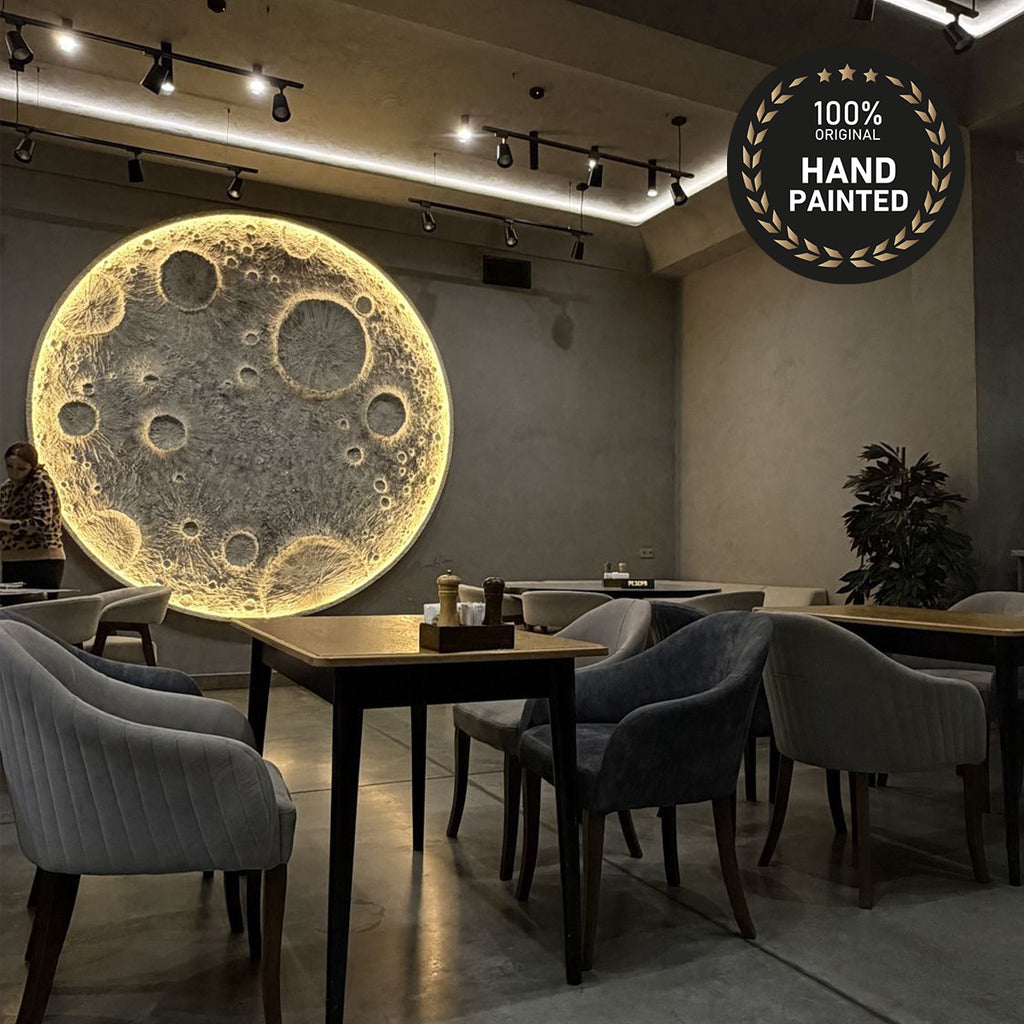 Custom sculptural moon surface texture — hand-carved crater detail in Ivory White finish