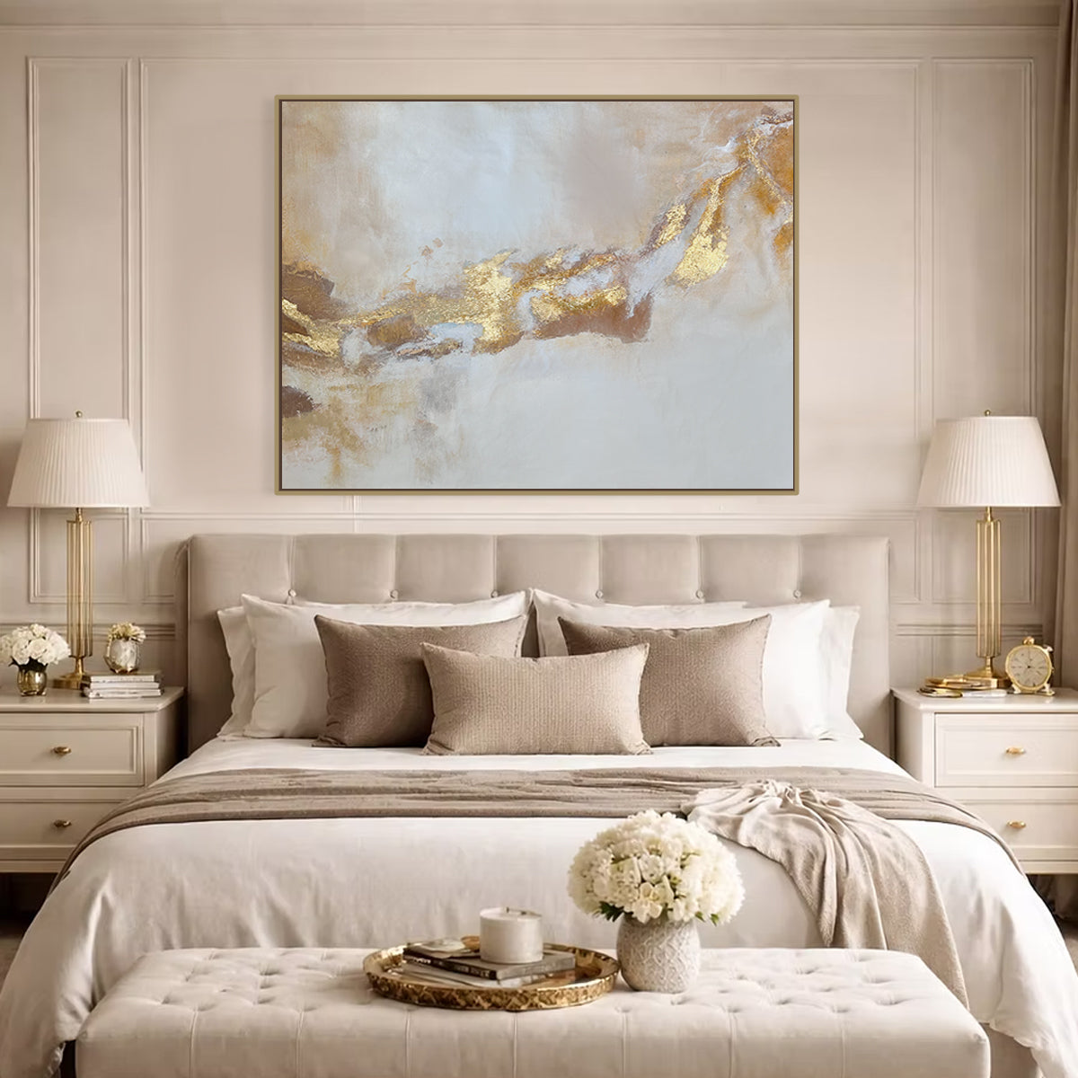 Handmade Auric Flow gold foil abstract painting styled above a luxury bed in a serene bedroom setting, showcasing elegant wall art for modern home interiors.