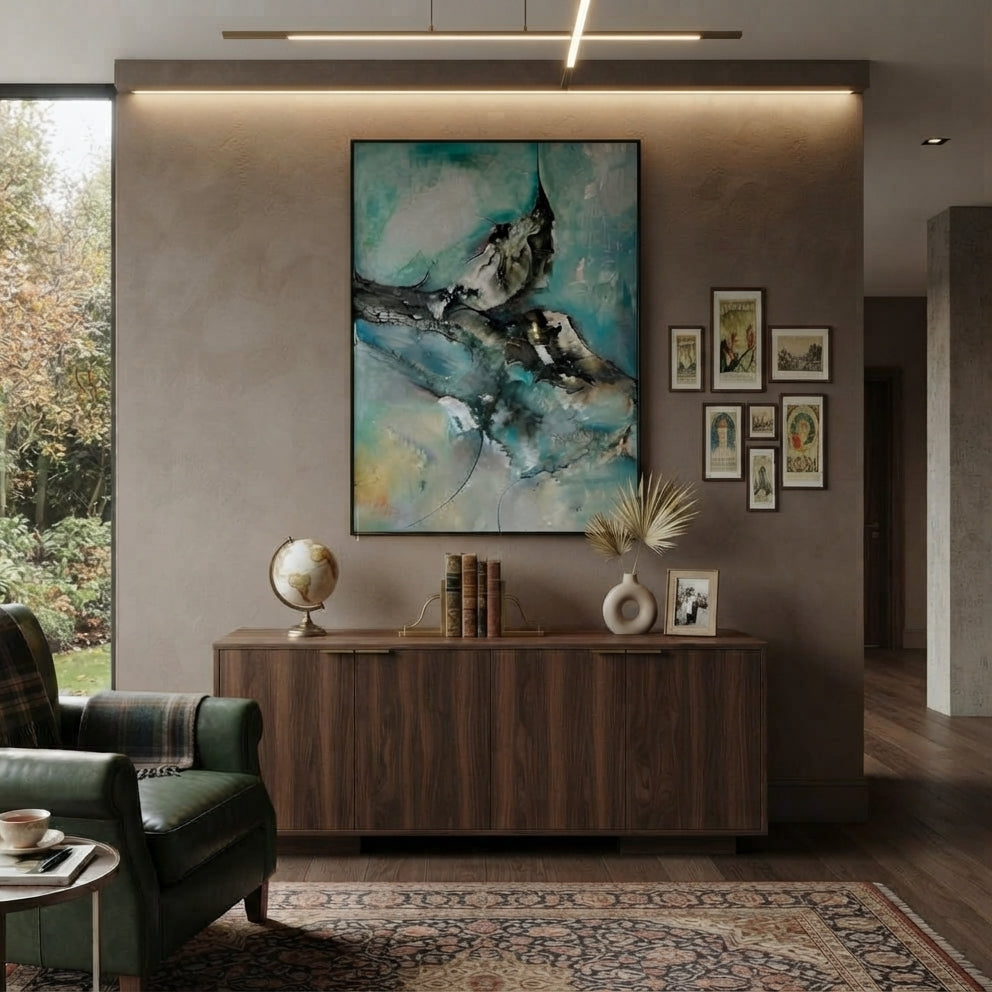 Milky Way original turquoise and charcoal abstract painting in a slim black frame, shown as a styled room visualisation above a walnut floating console in a modern villa living room1