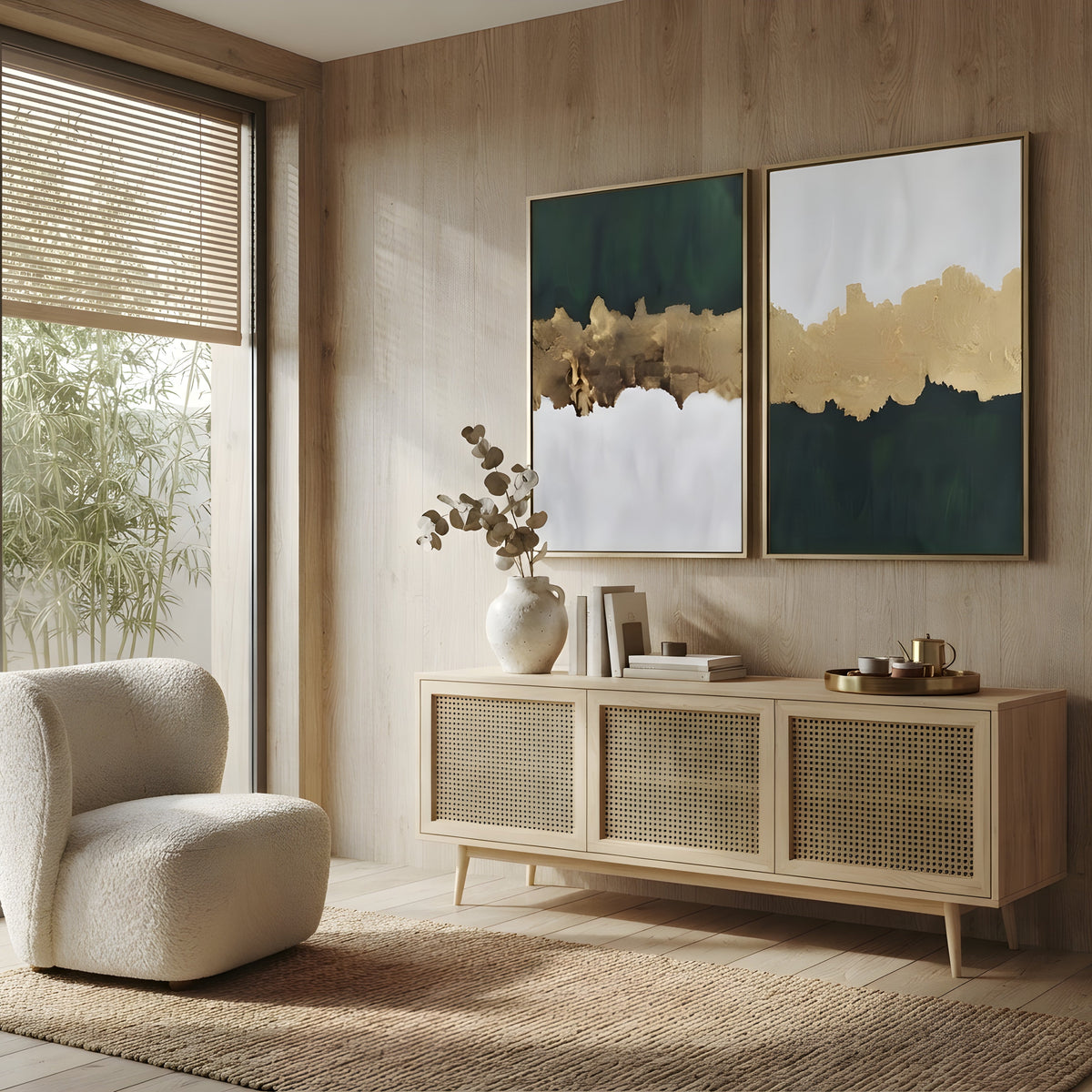 A styled interior scene with two framed abstract wall art prints hanging above a light wood sideboard. The room has warm wood walls and floor, a cream boucle armchair, a woven rug, and natural light coming from a window with blinds.