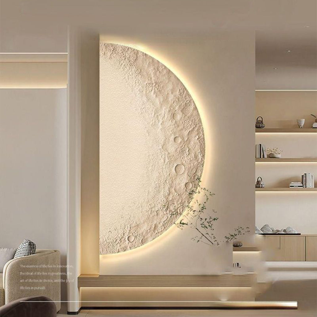 Handmade 3D moon wall sculpture with LED backlighting in luxury Dubai villa living room