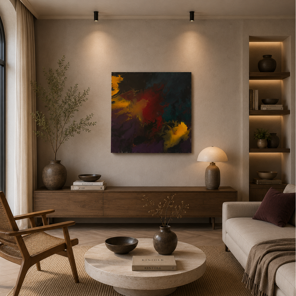 Handmade abstract fire burst painting with gold and red texture, luxury wall art