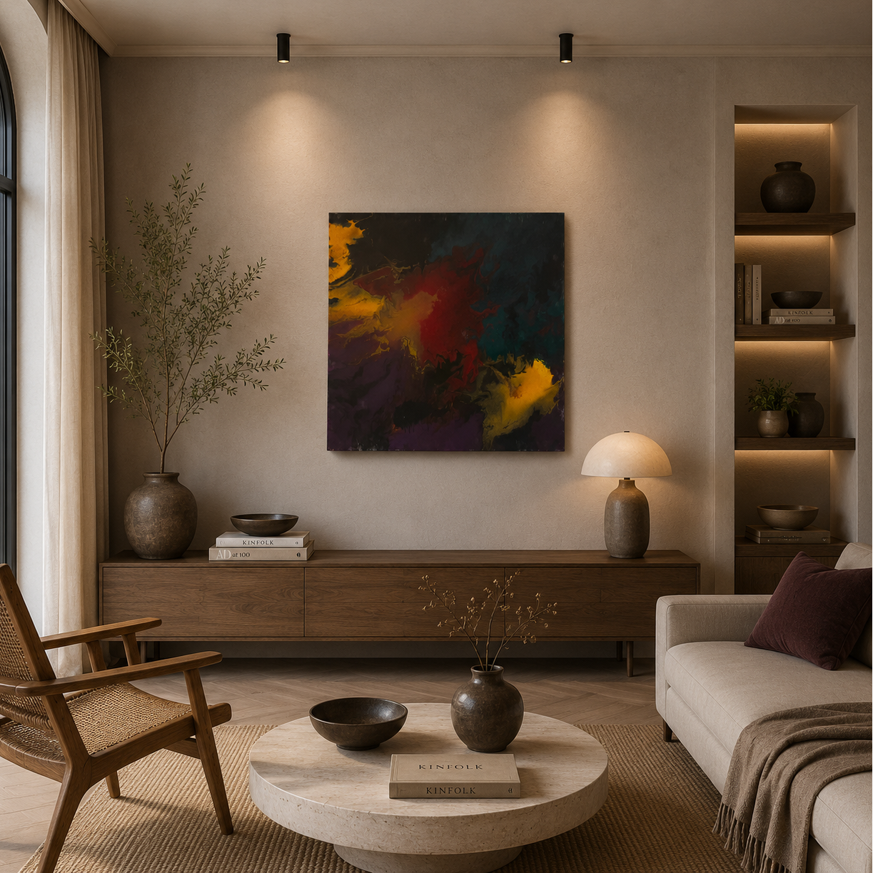 Handmade abstract fire burst painting with gold and red texture, luxury wall art