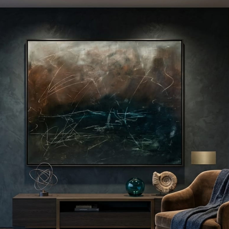 Handmade textured abstract canvas art with expressive linework, UAE