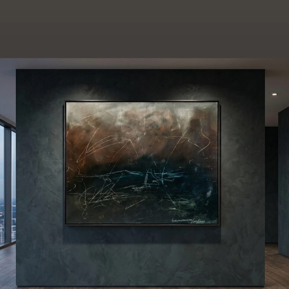Statement abstract wall art displayed above a home office desk