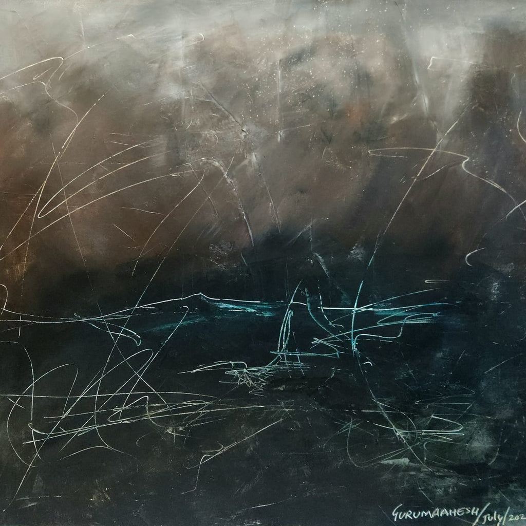 Close-up of textured mixed media canvas art showing layered brushwork