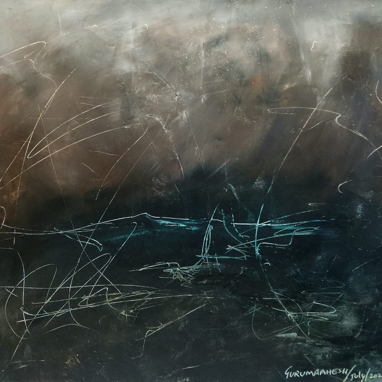 Close-up of textured mixed media canvas art showing layered brushwork