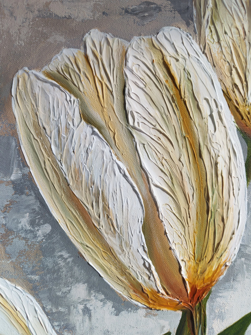 Texture detail of Pearl Beauty handmade art: thick acrylic ivory tulips with delicate antique gold leaf accents.