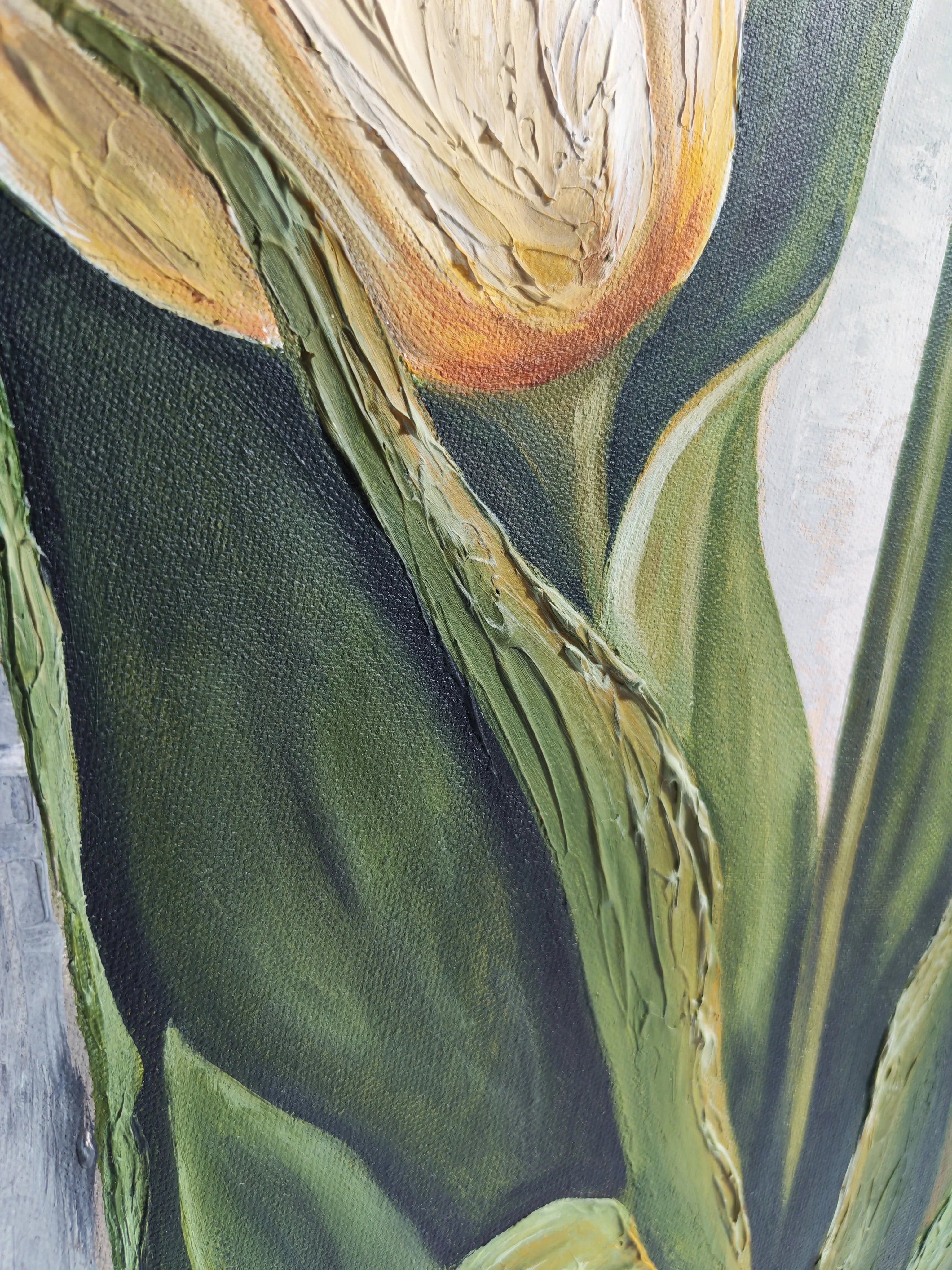 Detailed close-up of Pearl Beauty floral art showing the thick acrylic texture of the ivory tulips and delicate cracks of gold leaf.