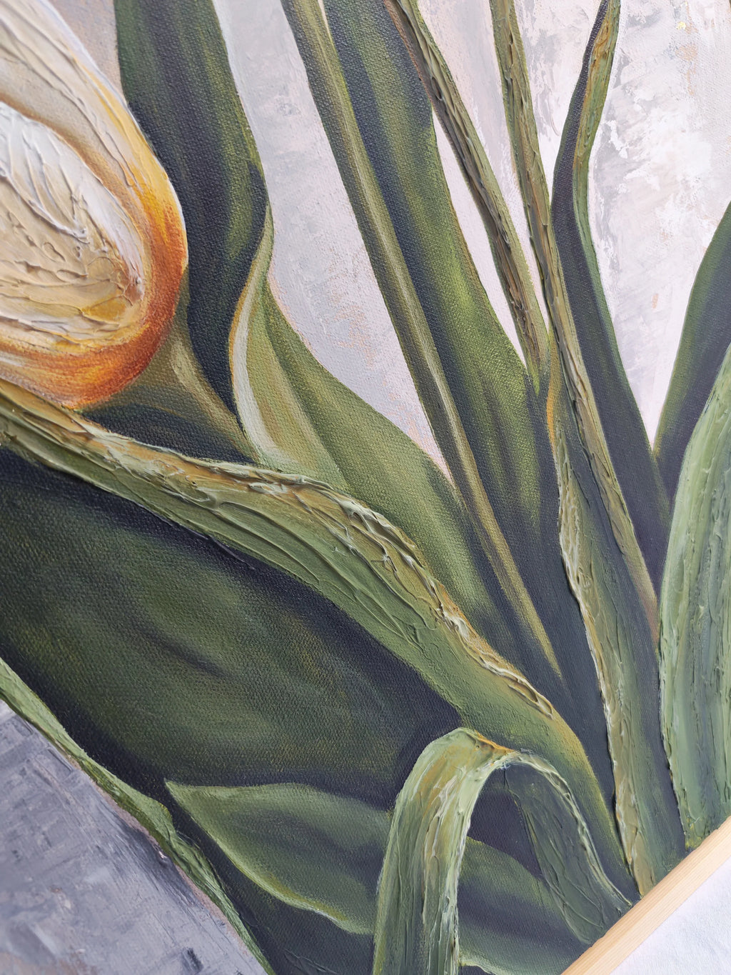 Hand-painted Pearl Beauty artwork elegantly finished with a natural wood frame, enhancing the painting's timeless and organic palette.