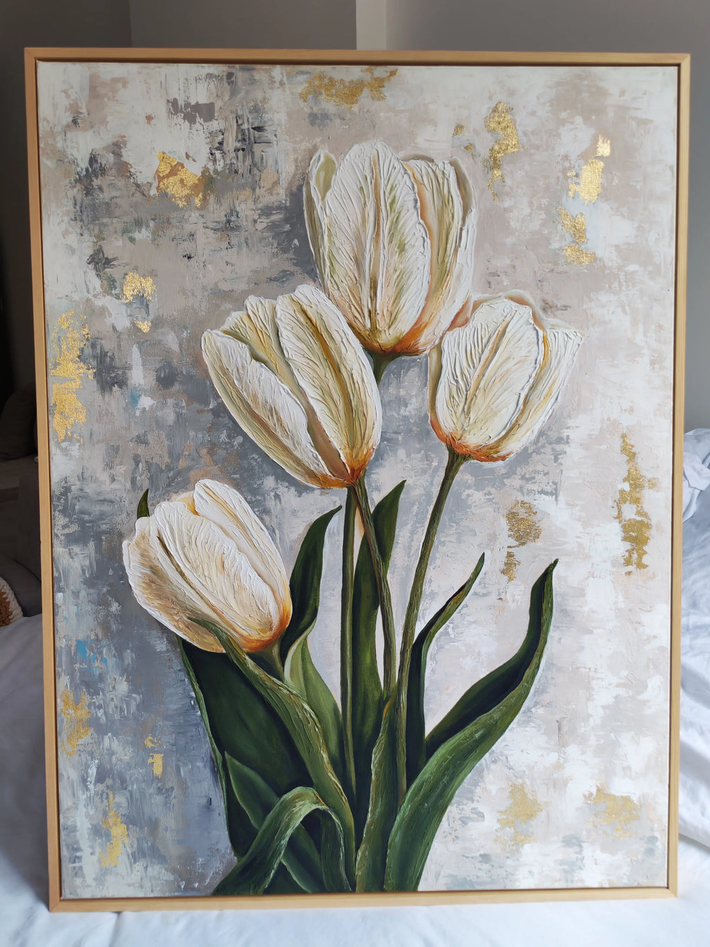 Sophisticated home office decor featuring the Pearl Beauty handmade floral painting as a calming wall focal point. Artecasso