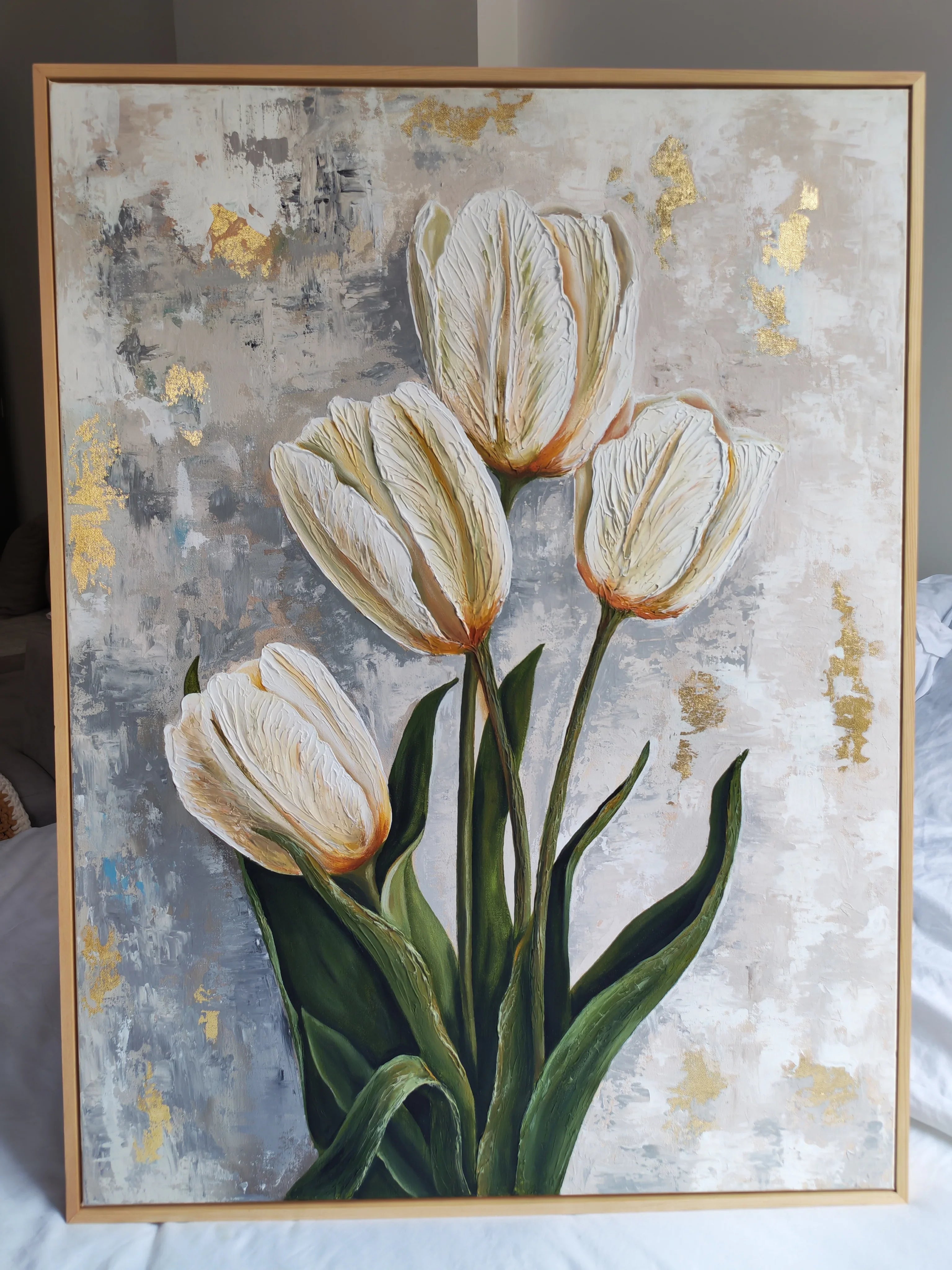 Sophisticated home office decor featuring the Pearl Beauty handmade floral painting as a calming wall focal point. Artecasso