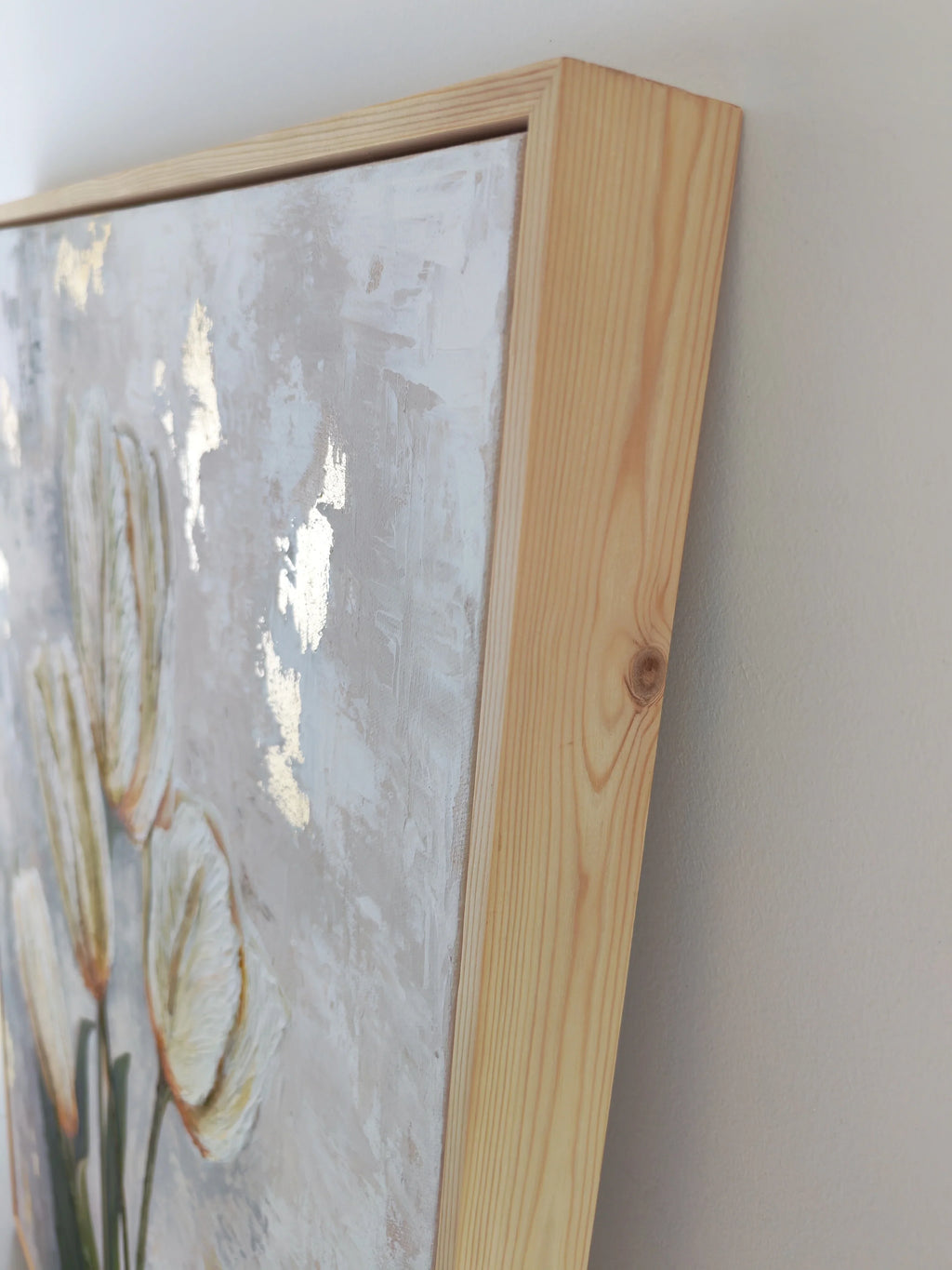 Artecasso Pearl Beauty handmade painting featuring a premium natural wood frame that complements the organic ivory and gold textures.