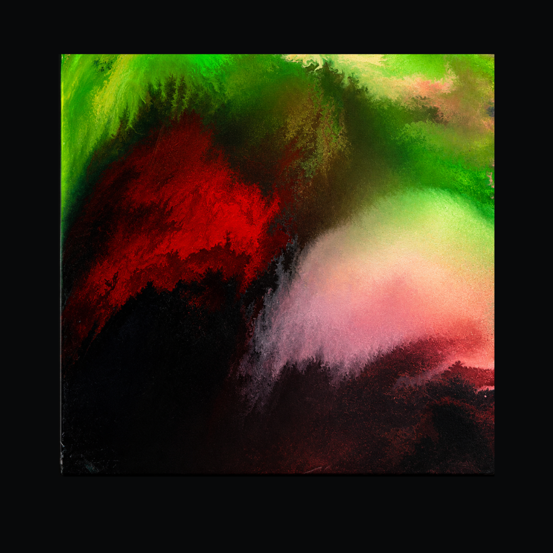 Close-up detail of Jade Ember painting showing fluid green and crimson gradient texture