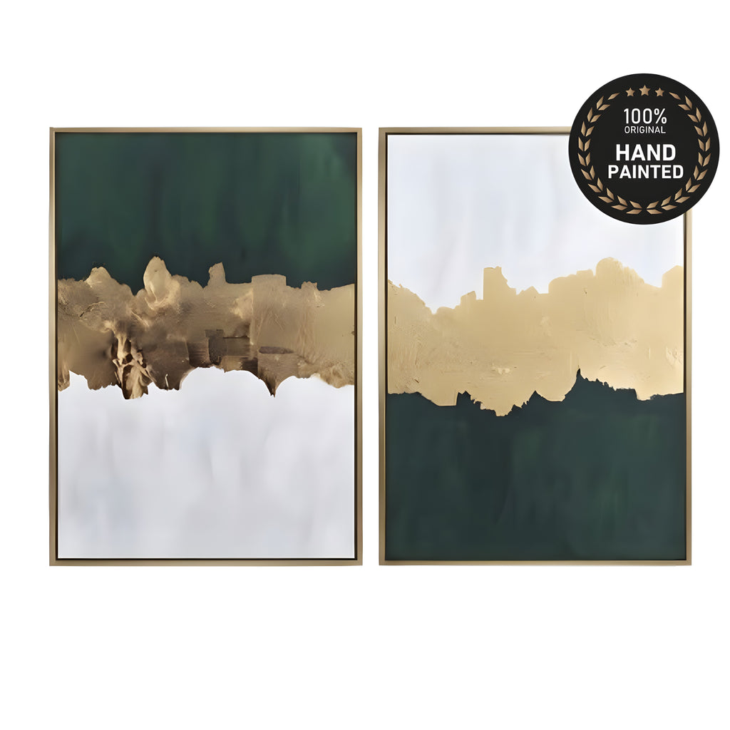 Two framed abstract wall art prints with dark green, white, and metallic gold paint textures, shown side by side on a white background with a black circular '100% Hand Painted' badge in the top right.