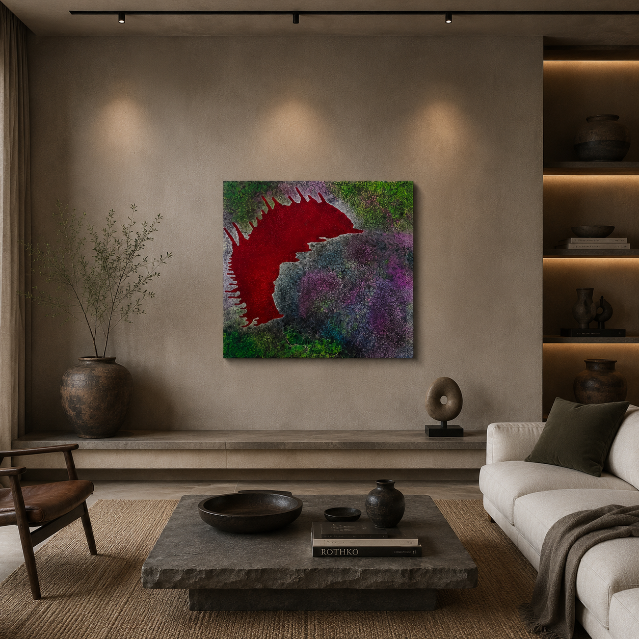 Handmade art in red and green with intricate detailing