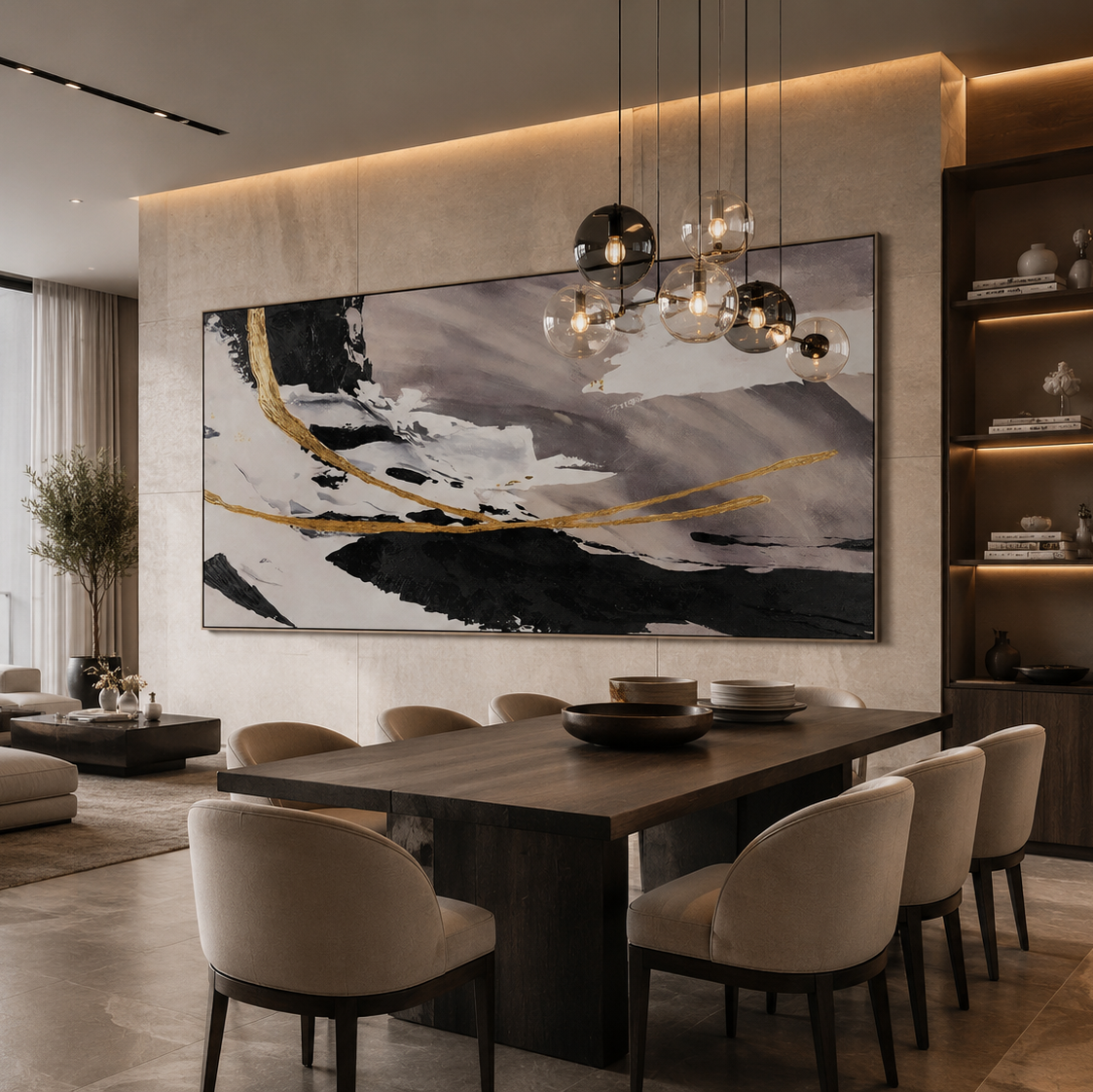 Modern living room with a large abstract painting on the wall, a dining table, and chairs.