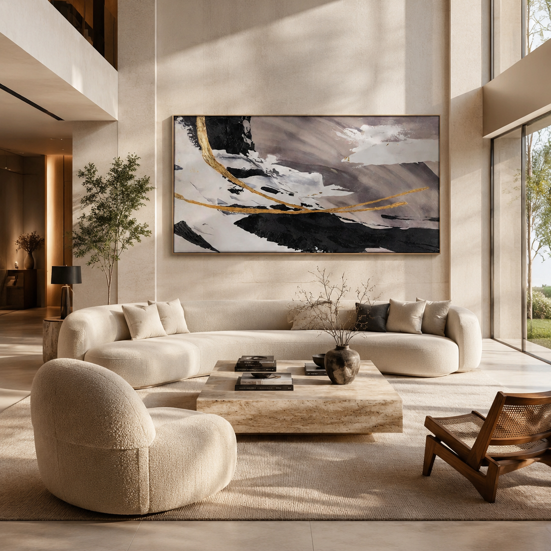 Modern living room with a large abstract painting on the wall