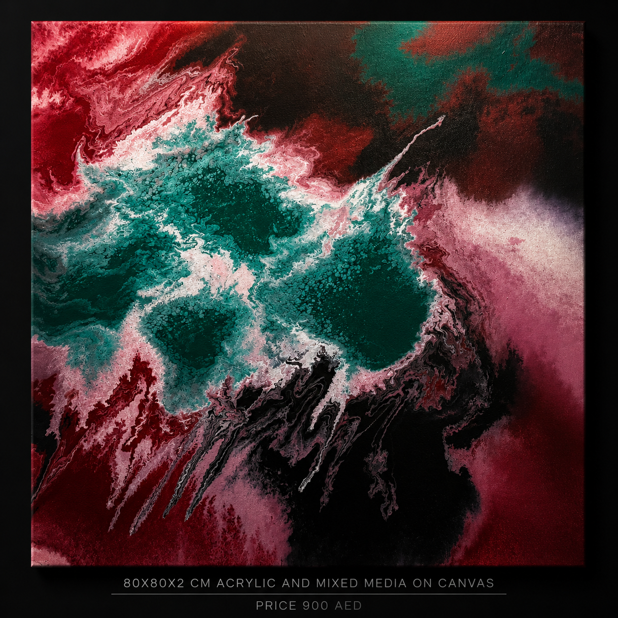 Close-up of hand-poured fluid art canvas showing teal, magenta and black marbled texture