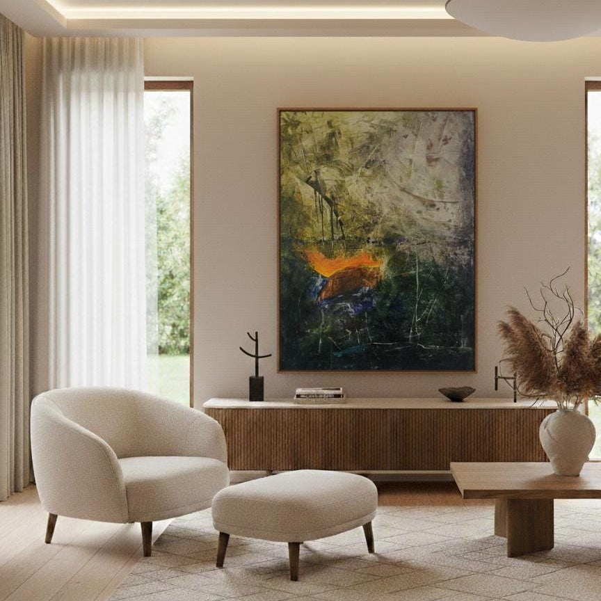 Modern minimalist wall art canvas in neutral beige and white palette, elegant abstract painting for luxury UAE home decor and calm interior styling