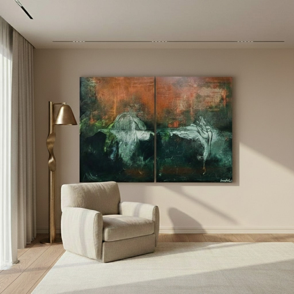 Luxury abstract wall art for UAE interiors featuring conceptual contemporary textured painting, ideal for modern living room focal wall décor in Dubai villas, high-end neutral abstract canvas art for calm, refined and minimalist home styling