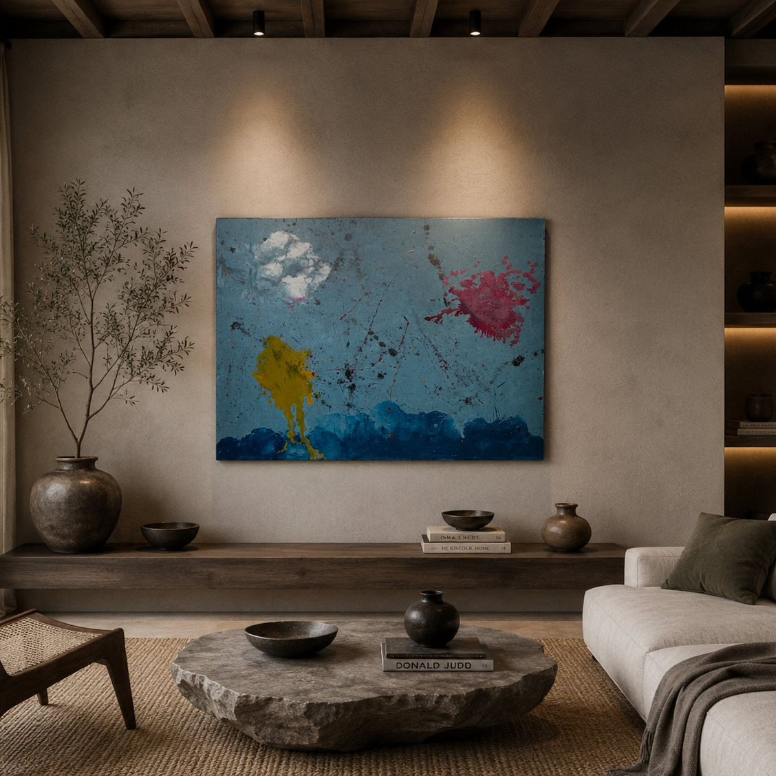 Handmade abstract painting of a soft blue sky with a white cloud, red and yellow paint bursts and a navy horizon line, textured wall art1