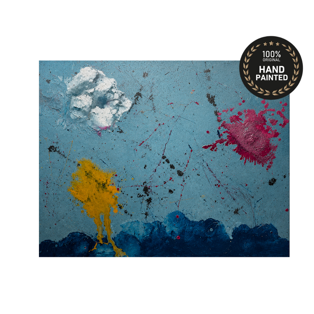 Abstract blue sky painting with white cloud, red and yellow color splashes and navy horizon, handmade textured wall art for living room