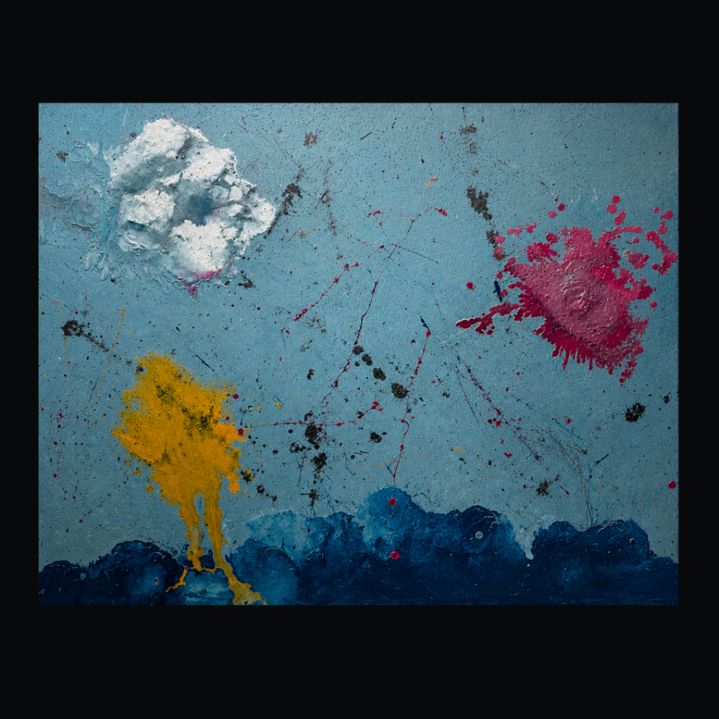 Abstract blue sky painting with white cloud, red and yellow color splashes and navy horizon, handmade textured wall art for living room