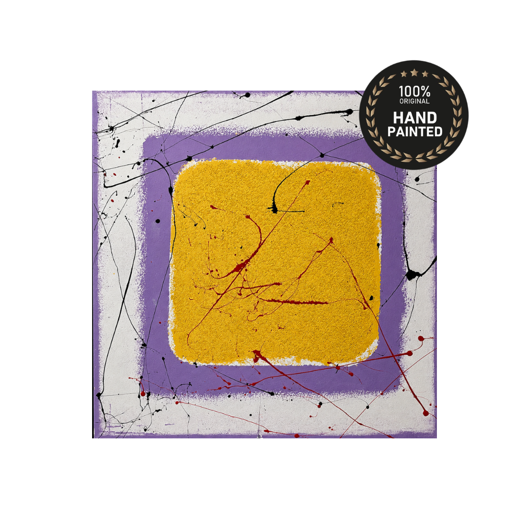 Close-up of textured mustard yellow canvas with expressive black and crimson splatter linework, abstract geometric painting
