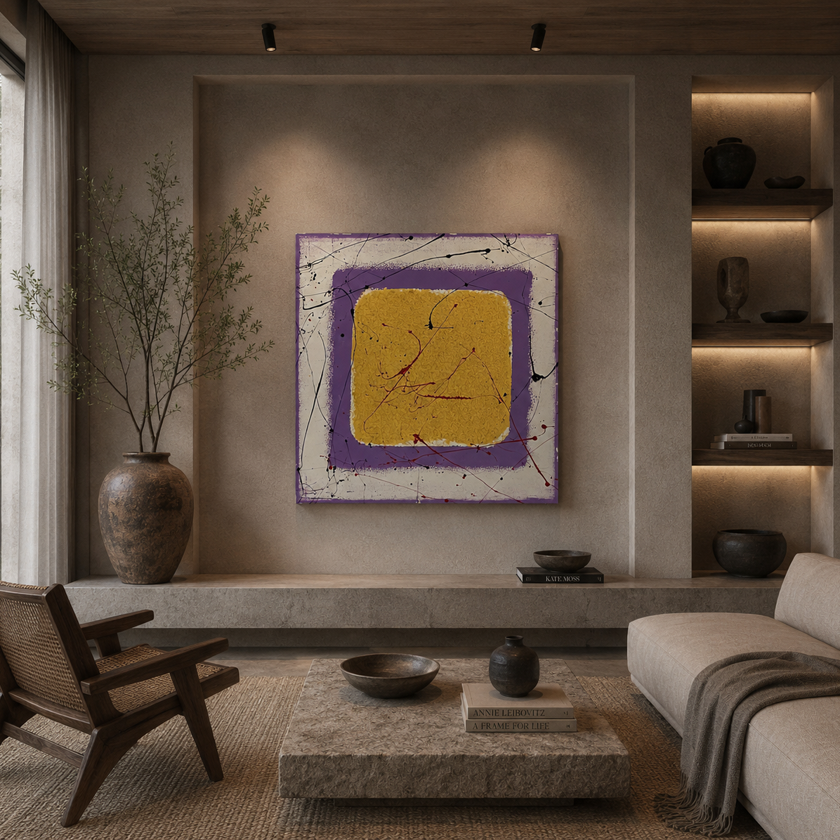 Abstract geometric wall art painting with mustard yellow center, lavender and white concentric borders, and black and red splatter detail on canvas